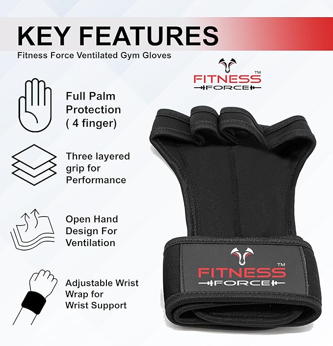 FITNESS FORCE Ventilated Gym Gloves for Men with Built-in Wrist Support for Workouts Weightlifting Gloves Workout Gloves for Women Exercise Fitness Gloves Perfect for Powerlifting, Cross Training