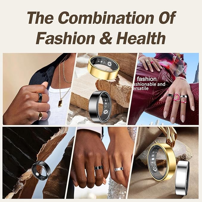 Smart Ring for Men Women Health Rings Heart Rate Sleep Monitor Step Counter Pedometer Sports Ring Fashion Fitness Tracker Ring with Charging Case Gold Rings for Android iOS Phones