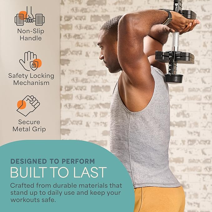 Lifepro Adjustable Dumbbells Set - 5in1-15lb 25lb 43lb weights Set & Single with Rack - Quick Adjust, Secure Grip - Compact Hand Weights for Men Women Home Gym