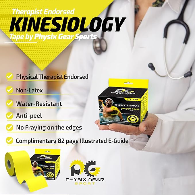 Physix Gear Cotton Kinesiology Tape Roll 16ft, Latex-Free Athletic Tape for Muscles/Joints, Waterproof Kinesiolgy, Stretchy Kinesiologytape, Gentle on Skin Kiniseaology Tape, Kinesology Tape