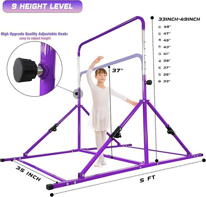 Upgrade Foldable Gymnastic Bar with Mat for Kids 3-12, 200 200 lbs