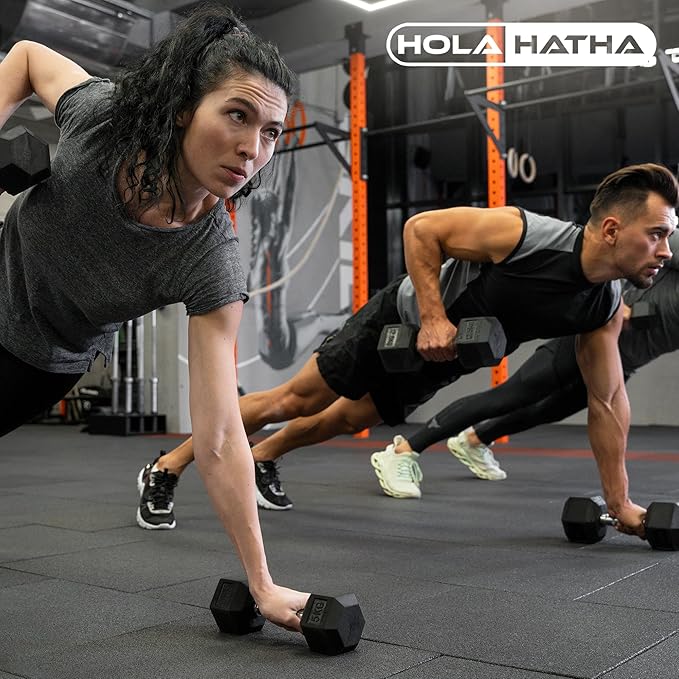 HolaHatha Hexagonal Dumbbell Free Hand Weight Set w/Rack