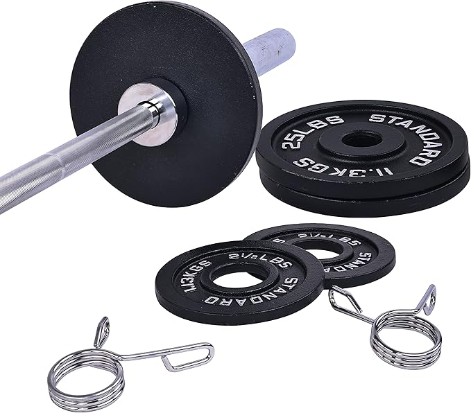 Signature Fitness Cast Iron Olympic 2-Inch Weight Plates Including 7FT Olympic Barbell, 130-Pound, 300-Pound or 325-Pound Set, Multiple Packages