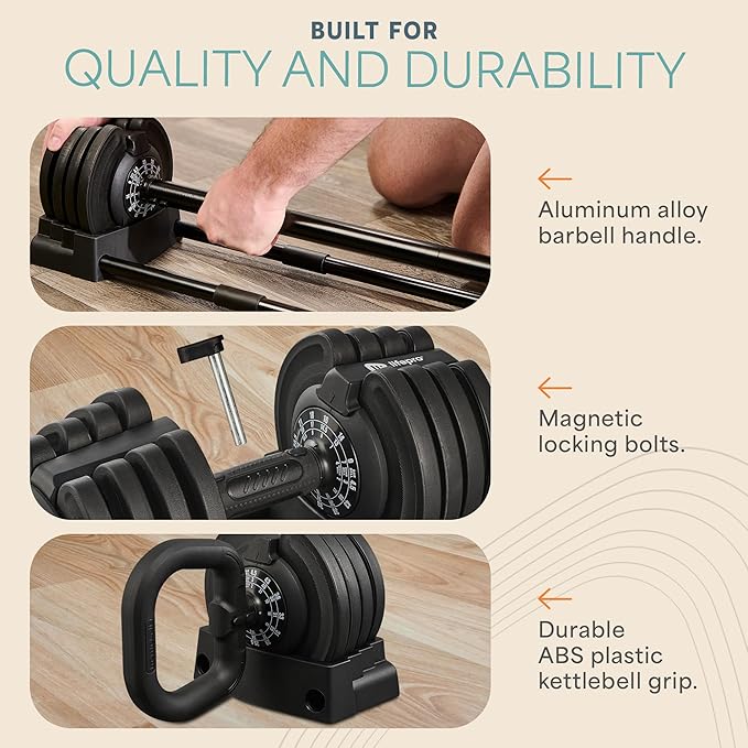 Lifepro Adjustable Dumbbells Set - 5in1-15lb 25lb 43lb weights Set & Single with Rack - Quick Adjust, Secure Grip - Compact Hand Weights for Men Women Home Gym