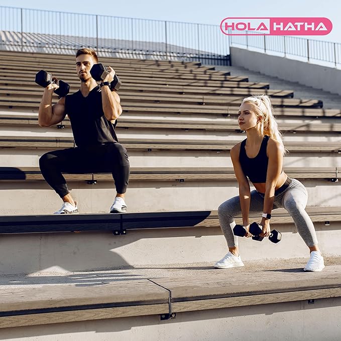 HolaHatha Hexagonal Dumbbell Free Hand Weight Set w/Rack