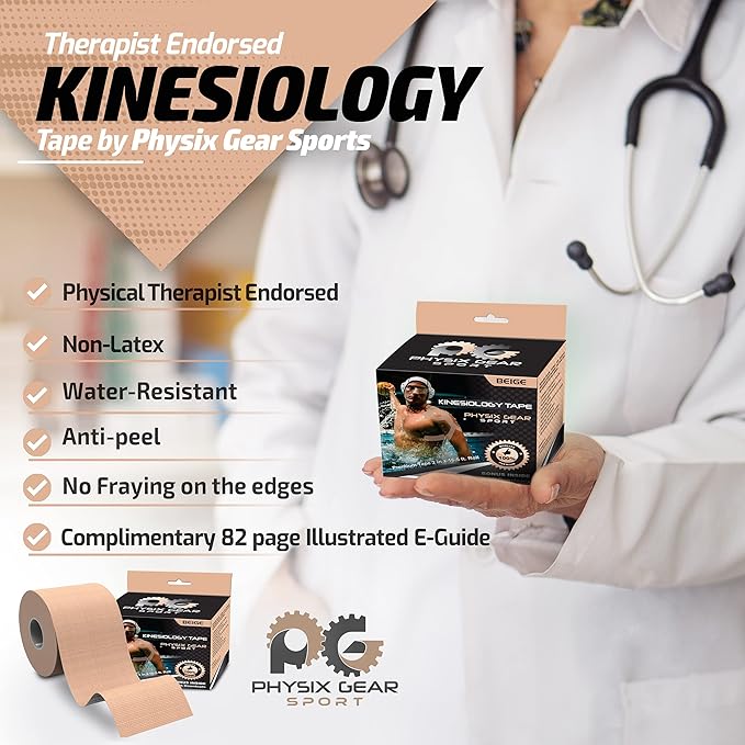 Physix Gear Cotton Kinesiology Tape Roll 16ft, Latex-Free Athletic Tape for Muscles/Joints, Waterproof Kinesiolgy, Stretchy Kinesiologytape, Gentle on Skin Kiniseaology Tape, Kinesology Tape