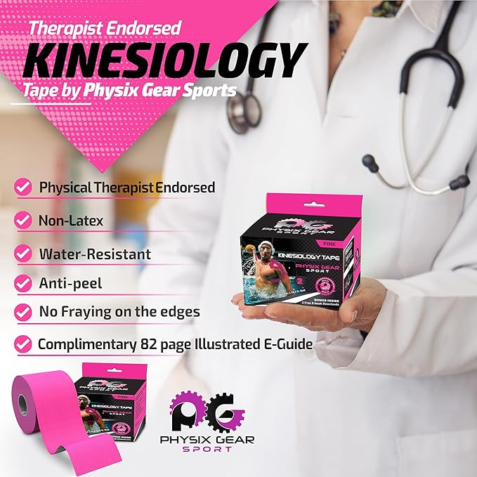 Physix Gear Cotton Kinesiology Tape Roll 16ft, Latex-Free Athletic Tape for Muscles/Joints, Waterproof Kinesiolgy, Stretchy Kinesiologytape, Gentle on Skin Kiniseaology Tape, Kinesology Tape