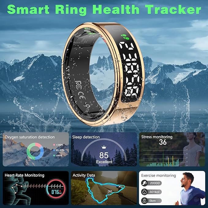 Smart Ring with LED Display Screen, Fitness Tracker Smart Rings for Women Men, Health Ring for iOS & Android, Sleep Tracker Ring Compatible with Heart Rate, SpO2, Sleep, Step (Rose Gold, 9)