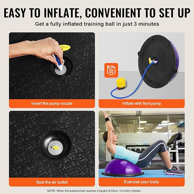 VEVOR Half Exercise Ball Trainer, 23/26 inch Balance Ball Trainer, 1500lbs Capacity Stability Ball, Yoga Ball with Resistance Bands & Foot Pump, Strength Fitness Ball for Home Gym Full Body Workout Black