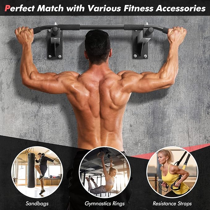Goplus Wall Mounted Pull Up Bar 3 Grip 440 LBS