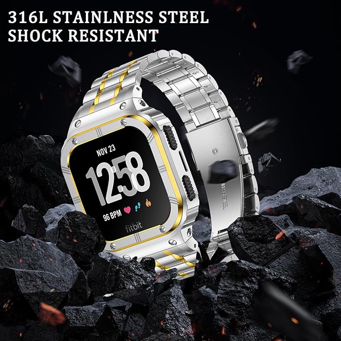 Stainless Steel Watch Band with Case Compatible for Fitbit Versa/Fitbit Sense Bands, Rugged Protective Bumper Metal Wristbands for Men Women