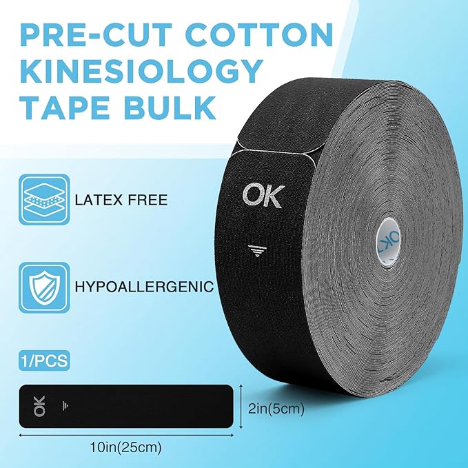 OK TAPE Kinesiology Tape Pre Cut Strips Bulk (100 PCS),Elastic Cotton Latex Free Hypoallergenic Athletic Tape Roll for Muscle Joint Knee,Waterproof k Tape 2in×10in/PCS