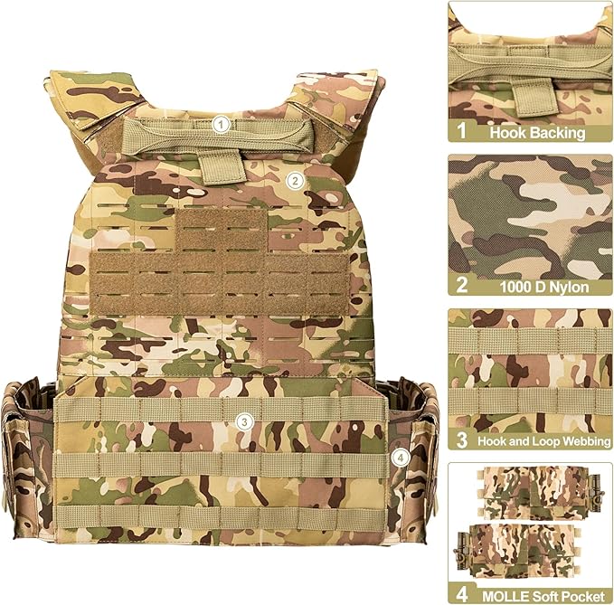 Quick Release Tactical Vest, Adjustable Breathable Weighted Vest for Men, Strong Tensile Lightweight Molle Vest 1000D Nylon for Duty Hunting Gaming