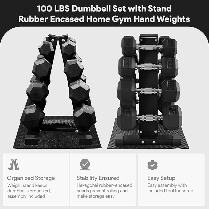 BalanceFrom 100LB or 150LB Rubber Coated Hex Dumbbell Weight Set and Storage Rack, 5-20 lbs Pairs, or 5-25 lbs Pairs