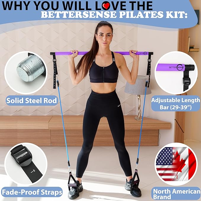 Upgraded Pilates Bar Kit – 39” Adjustable Exercise 6X 20, 20, 30, 30, 40 40 lbs