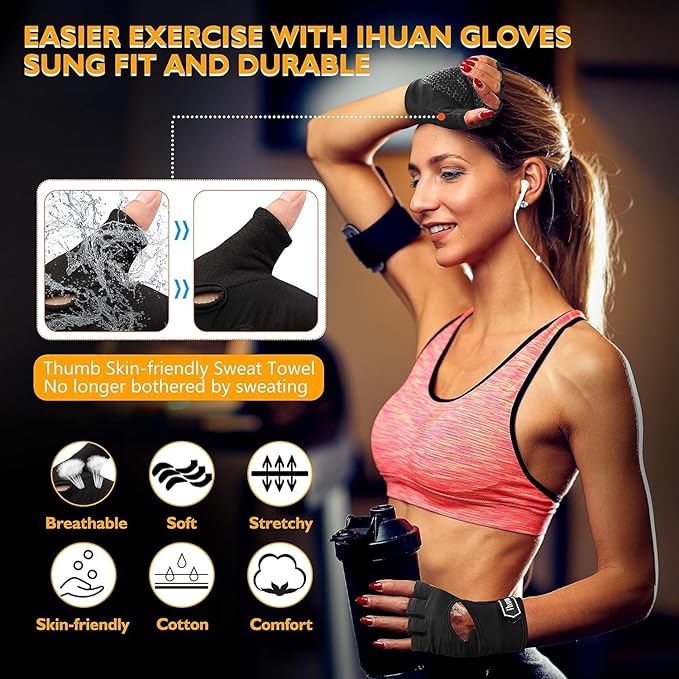 ihuan New Breathable Workout Gloves for Women & Men - No More Sweaty & Full Palm Protection Gym Exercise, Cycling, Fitness, Weightlifting, Pull-ups, Deadlifting, Rowing
