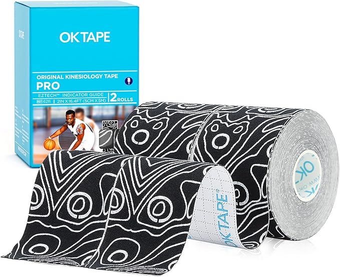 OK TAPE PRO Kinesiology Tape, 2inch x Long Roll 16ft Free Cut Tape, Elastic Athletic Tape Therapeutic Latex Free, 2 Rolls Black+White