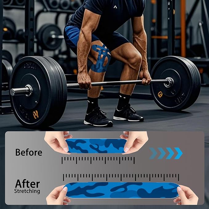 Precut Kinesiology Tape for Knees,24 Pcs – Elastic Knee Support & Stability, Pain Relief – Waterproof, Breathable, Hypoallergenic Athletic Tape (Camo Blue)