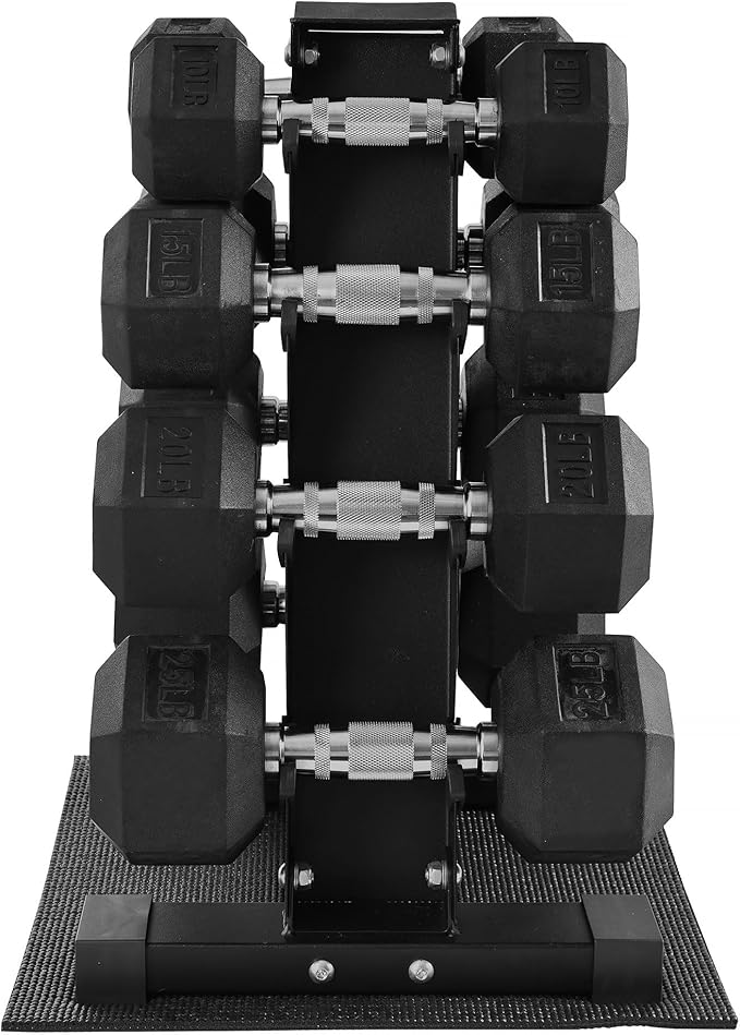 BalanceFrom 100LB or 150LB Rubber Coated Hex Dumbbell Weight Set and Storage Rack, 5-20 lbs Pairs, or 5-25 lbs Pairs