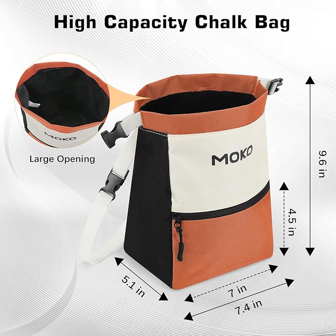 MoKo Chalk Bag for Rock Climbing, Large Capacity Climbing Chalk Bag with Magnetic Snap and Zipper Pocket, Portable Chalk Bucket for Rock Climbing, Weight Lifting, Bouldering, Gymnastics, Fitness