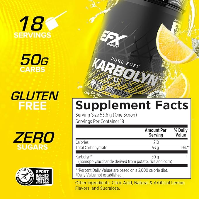 EFX Sports Karbolyn Fuel | Fast-Absorbing Carbohydrate Powder | Carb Load, Sustained Energy, Quick Recovery | Stimulant Free | 18 Servings (Lemon Ice)