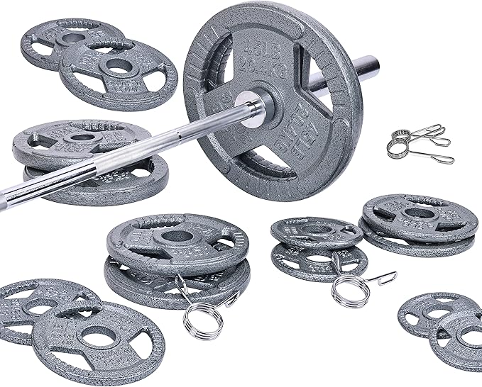 Signature Fitness Cast Iron Olympic 2-Inch Weight Plates Including 7FT Olympic Barbell, 130-Pound, 300-Pound or 325-Pound Set, Multiple Packages