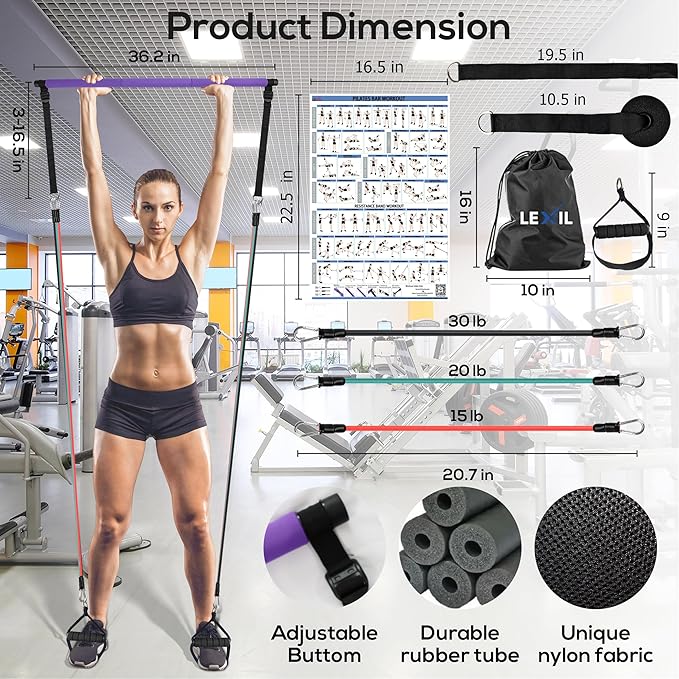 LEXIL Portable Pilates Bar Exercise Kit-Stackable 3 Pairs (15, 20, 20, 30LB) 30LB) -