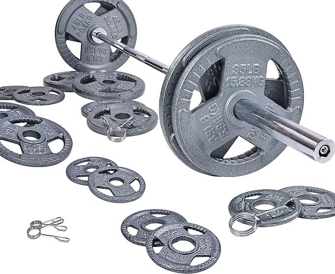 Signature Fitness Cast Iron Olympic 2-Inch Weight Plates Including 7FT Olympic Barbell, 130-Pound, 300-Pound or 325-Pound Set, Multiple Packages