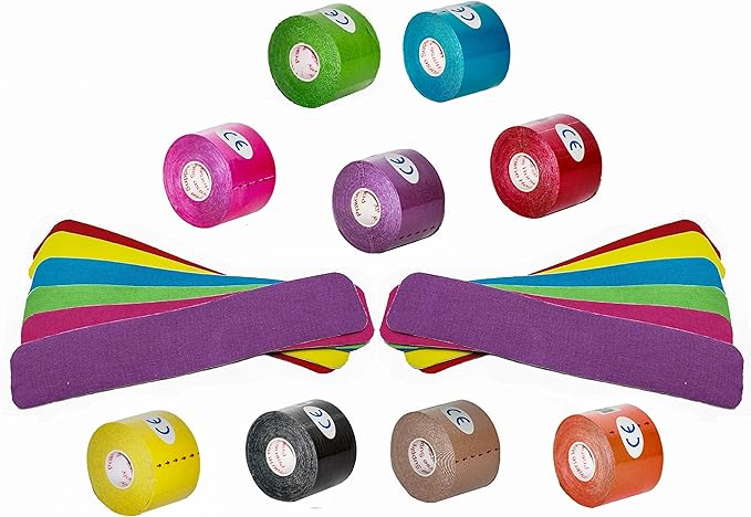 PreCut Kinesiology Tape Sport Pro (20 Pre Cut 10 Inch Strips per Roll) Athletic Recovery Muscle Support Physio TheWrapeutic Aid (Assorted Colors) (Pack of 4)