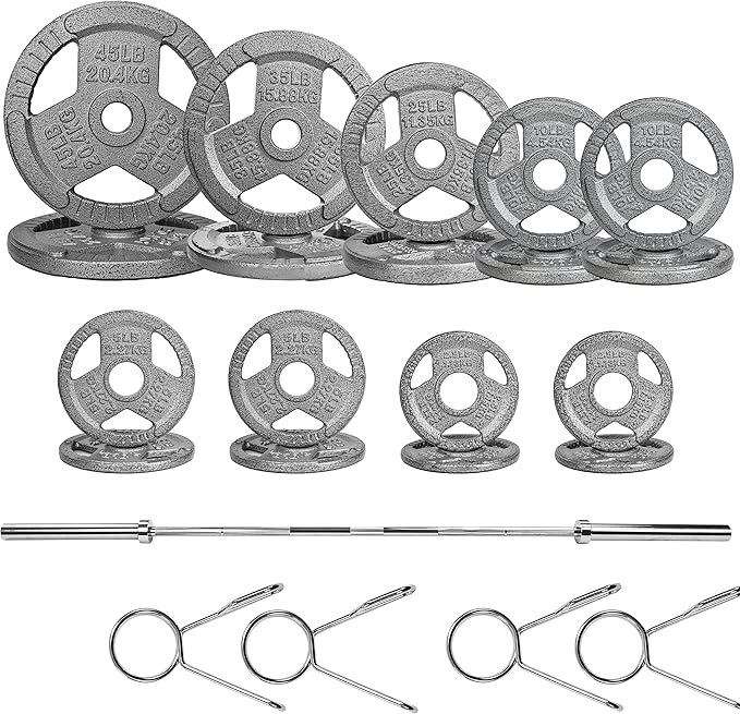 Signature Fitness Cast Iron Olympic 2-Inch Weight Plates Including 7FT Olympic Barbell, 130-Pound, 300-Pound or 325-Pound Set, Multiple Packages