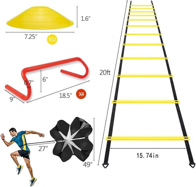 Speed & Agility Ladder Training Equipment Set 12 Rung 20ft Agility 4 Agility Hurdles,12 Disc 1 Resistance