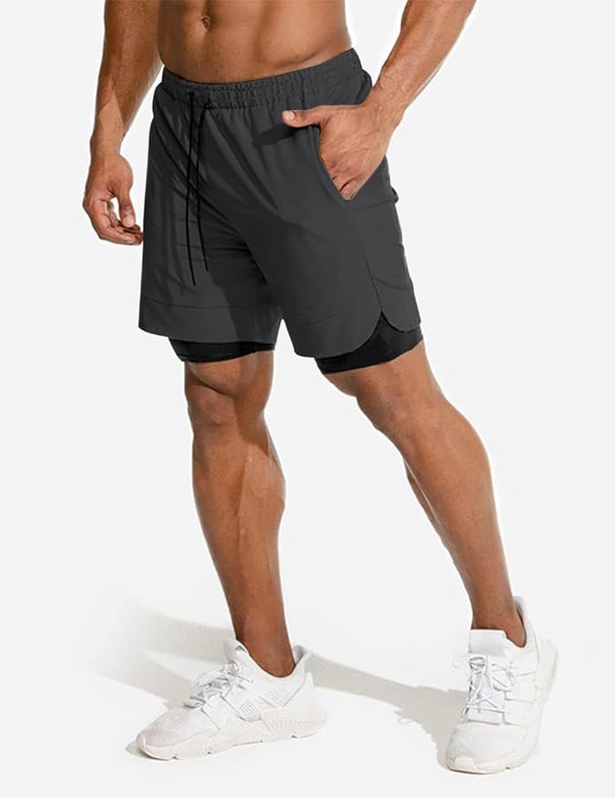 COOFANDY Men's 2 Pack Running Shorts 2 in 1 Workout Shorts Quick Dry Gym Training Athletic Jogger with Phone Pockets