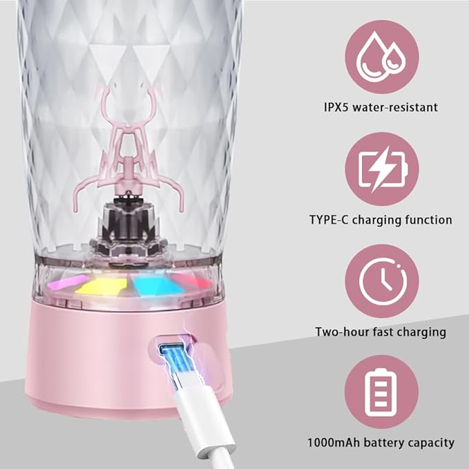 Electric Protein Shaker Bottle, USB Rechargeable Mixing Cup, Water Drink Mixer Portable Bottles for Gym Sport (Pink)