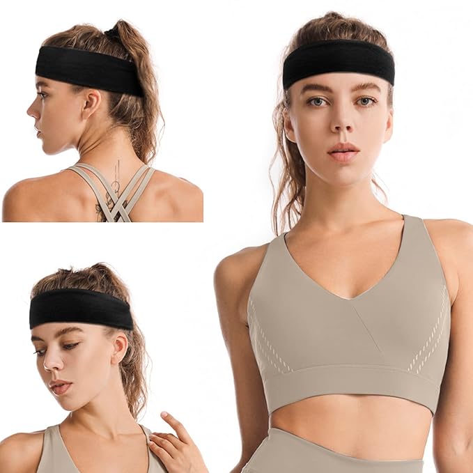 TERSE Black Headbands for Women's Short Hair - Non Slip Elastic Sweat Hairbands, Soft Fabric Hair Wraps for Workout, Yoga, Running, Sports, and Girls