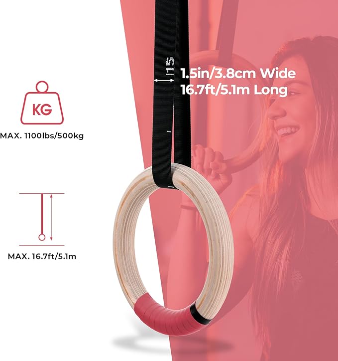 LIFERUN Gymnastics Rings 1100lbs with 16.7ft Long
