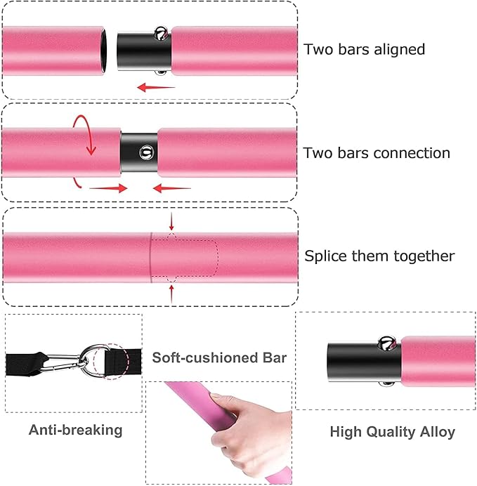 Pilates Bar Kit Perfect for Home Office Gym 4Pcs Resistance 3Pcs Adjustable 2Pcs Feet (10Pcs Set)