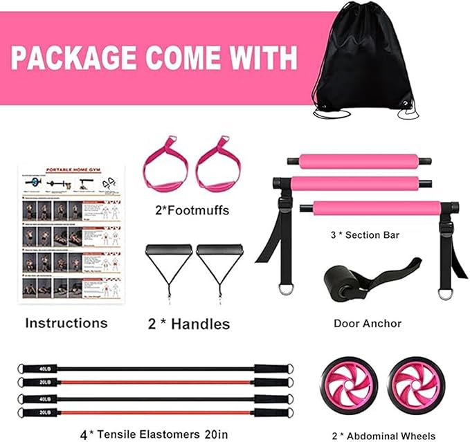 Ultimate Pilates bar kit.Multiple Fitness bar with Resistance Bands, Ab Rollers. Core Strength Training Equipment. Squat Machine for Men and Women. Portable Home Gym