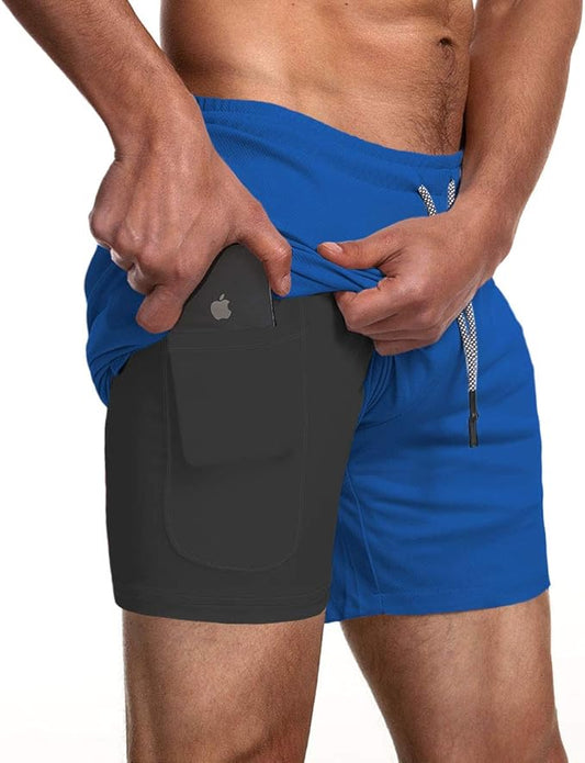 EVERWORTH Men's 2-in-1 Bodybuilding Workout Shorts Lightweight Gym Training Short Running Athletic Jogger with Zipper Pockets