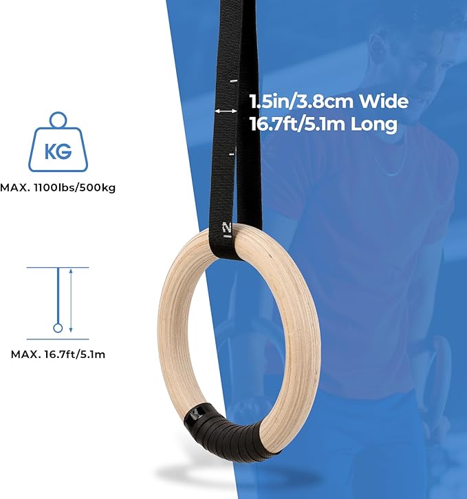 LIFERUN Gymnastics Rings 1100lbs with 16.7ft Long