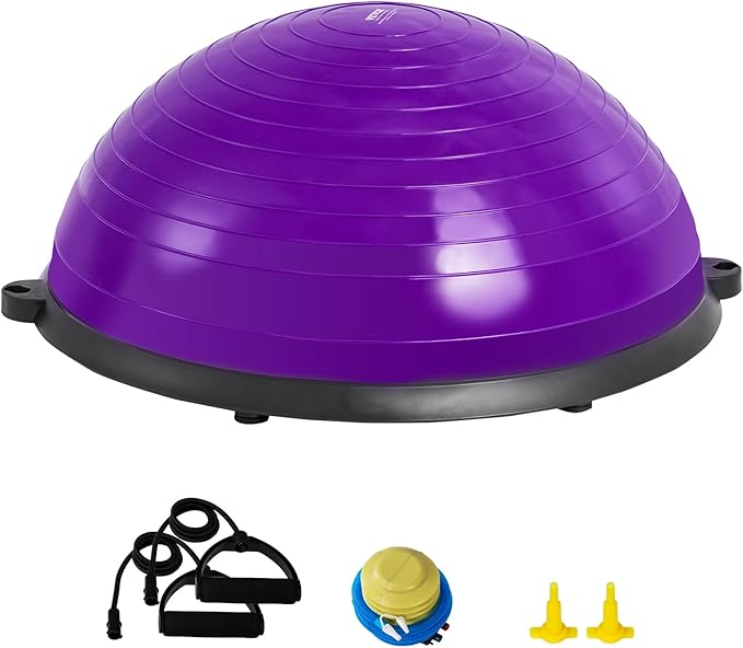 VEVOR Half Exercise Ball Trainer, 23/26 inch Balance Ball Trainer, 1500lbs Capacity Stability Ball, Yoga Ball with Resistance Bands & Foot Pump, Strength Fitness Ball for Home Gym Full Body Workout Black