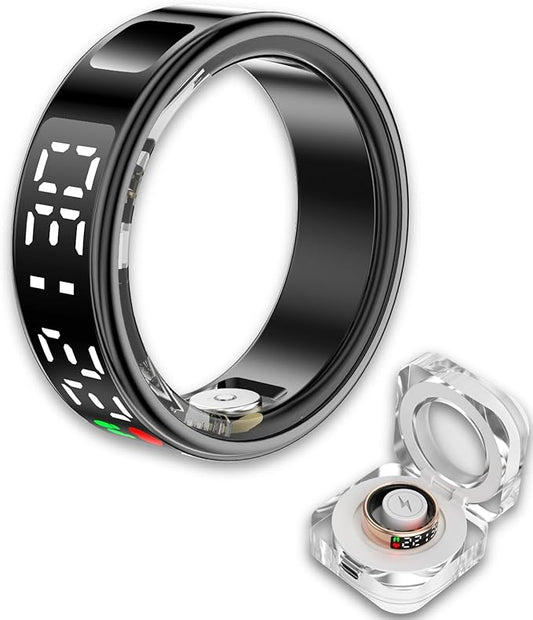 Smart Ring Health Tracker, Wearable Sleep Heart Rate Step Blood Oxygen Tracker, IP68 Waterproof Smart Ring with LED Screen to Track All Your Important Health Indicators