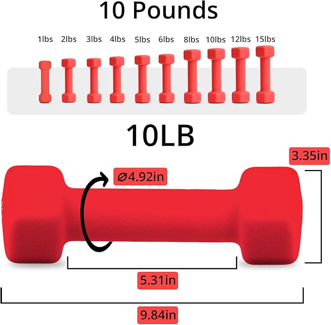 Portzon Weights Dumbbells 10 Colors Options Compatible with Set of 2 Neoprene Dumbbells Set,1-15 LB, Anti-Slip, Anti-roll, Hex Shape for Shoulder,Neck, and Hand Training for Seniors