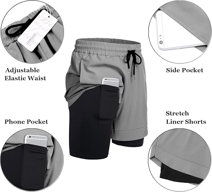 COOFANDY Men's 2 Pack Running Shorts 2 in 1 Workout Shorts Quick Dry Gym Training Athletic Jogger with Phone Pockets