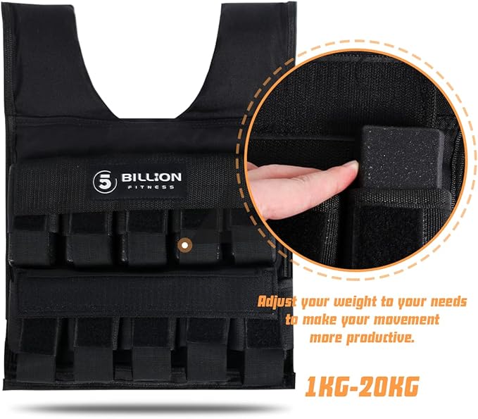 Adjustable Weighted Vest 0-44lbs,5BILLION Weight Vest with Solid Bar Weights,Body Weight Vest for Men Women,Strength Training Workout Vest for Running Pushups Squats,Pockets On the Back and Front