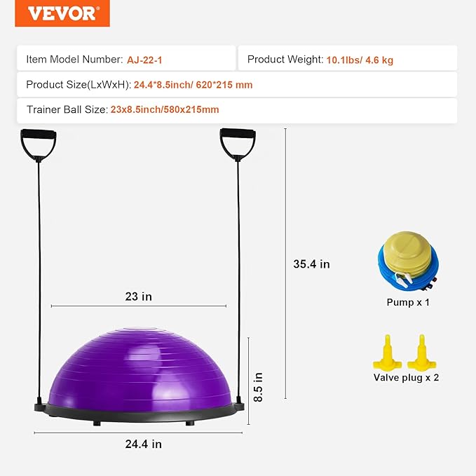 VEVOR Half Exercise Ball Trainer, 23/26 inch Balance Ball Trainer, 1500lbs Capacity Stability Ball, Yoga Ball with Resistance Bands & Foot Pump, Strength Fitness Ball for Home Gym Full Body Workout Black