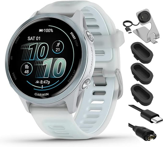 Garmin 010-02970-01 Forerunner 570-42mm GPS Smartwatch Aluminum and Whitestone/Blue Band Bundle with Deco Essentials Charging Dock, Silicone Dust Cover 3 Pack and USB Type C Charging and Sync Cable
