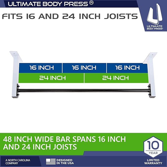 Ultimate Body Press Ceiling Mount Pull Up Bar 8 Foot 48” Straight 14” Risers, 16”and 24” 24” Joist 450lbs, USA