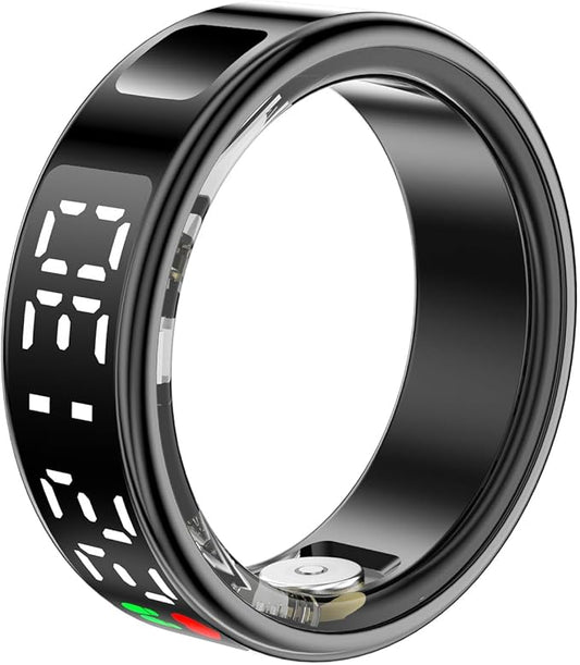 Fitness Tracker Ring, Smart Ring with Display & Charging Case, Accurate Monitoring of Pedometer, Heart & Temperature, IP68 Waterproof, 5-Day Battery Life, Black