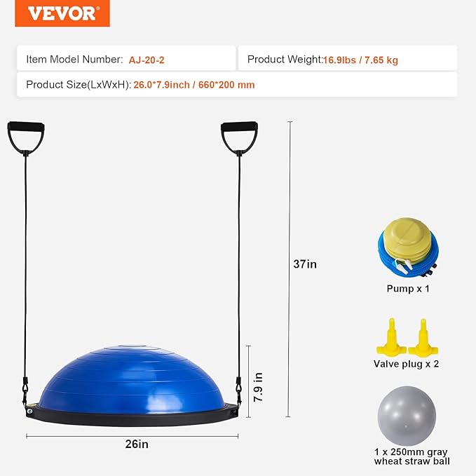 VEVOR Half Exercise Ball Trainer, 23/26 inch Balance Ball Trainer, 1500lbs Capacity Stability Ball, Yoga Ball with Resistance Bands & Foot Pump, Strength Fitness Ball for Home Gym Full Body Workout Black