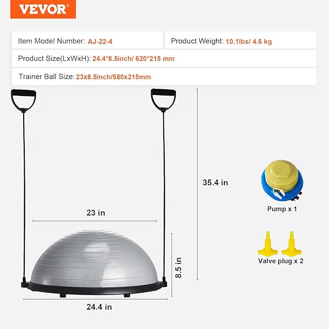 VEVOR Half Exercise Ball Trainer, 23/26 inch Balance Ball Trainer, 1500lbs Capacity Stability Ball, Yoga Ball with Resistance Bands & Foot Pump, Strength Fitness Ball for Home Gym Full Body Workout Black